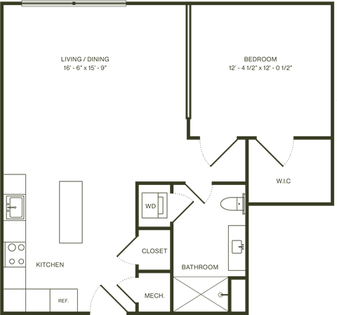 Floor plan for 1 bed, 1 bath, 776 sqft